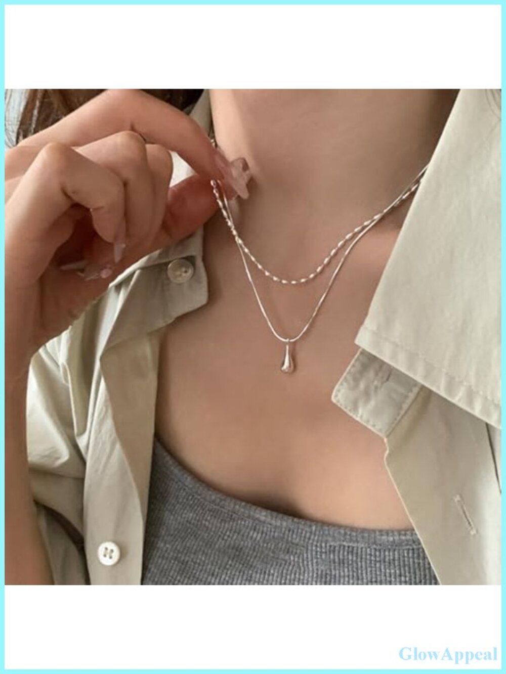 Double Layered Necklace Beaded Chain Teardrop Pendant Choker